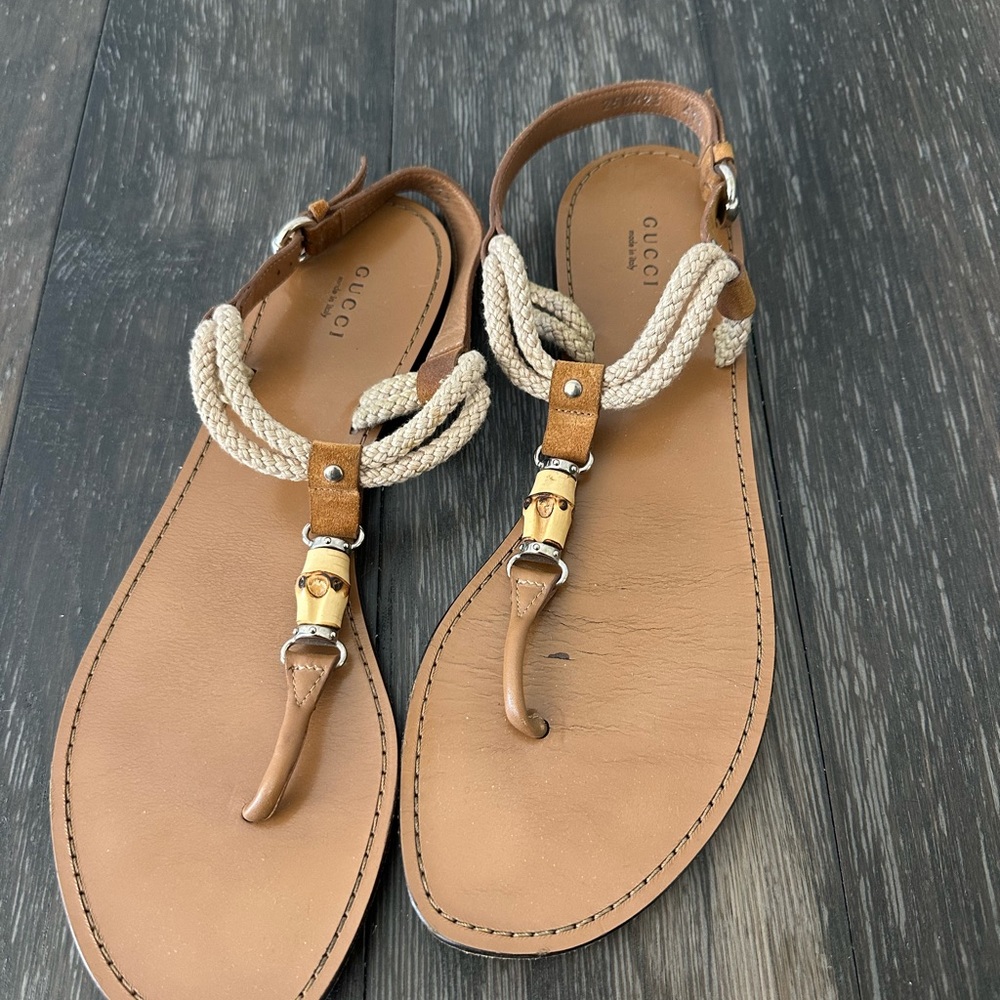 Gucci Tan Leather and Cream Rope Thong Sandals